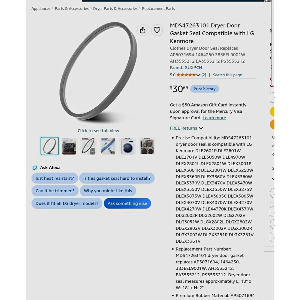 MDS47263101 Dryer Door Seal Gasket for LG Kenmore Replaces 383EEL9001W AP5071694